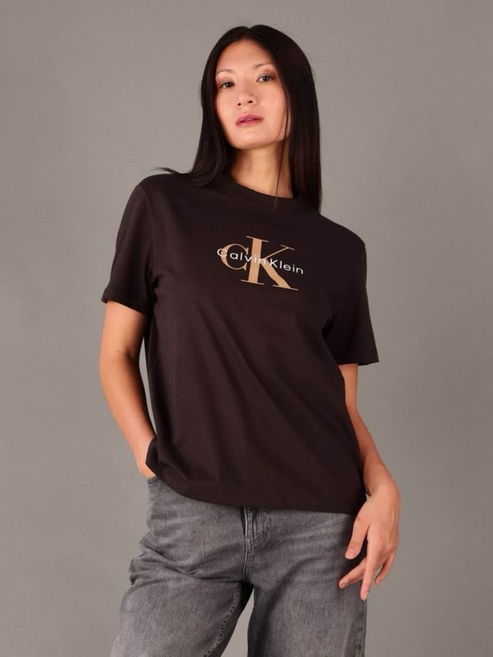 Calvin Klein Classic Black Tee with Gold Logo Size M